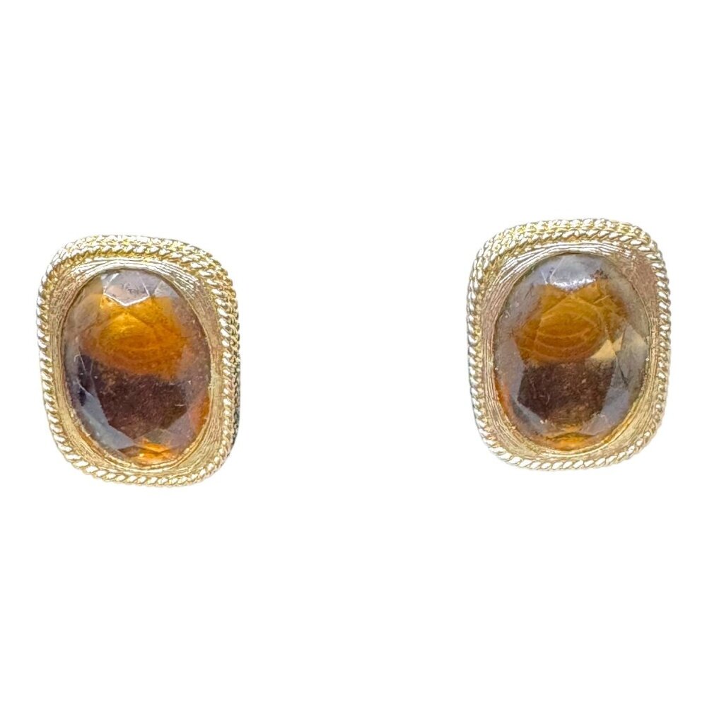 Vintage Sarah Coventry gold tone root beer crystal clip earrings 1950s Brown